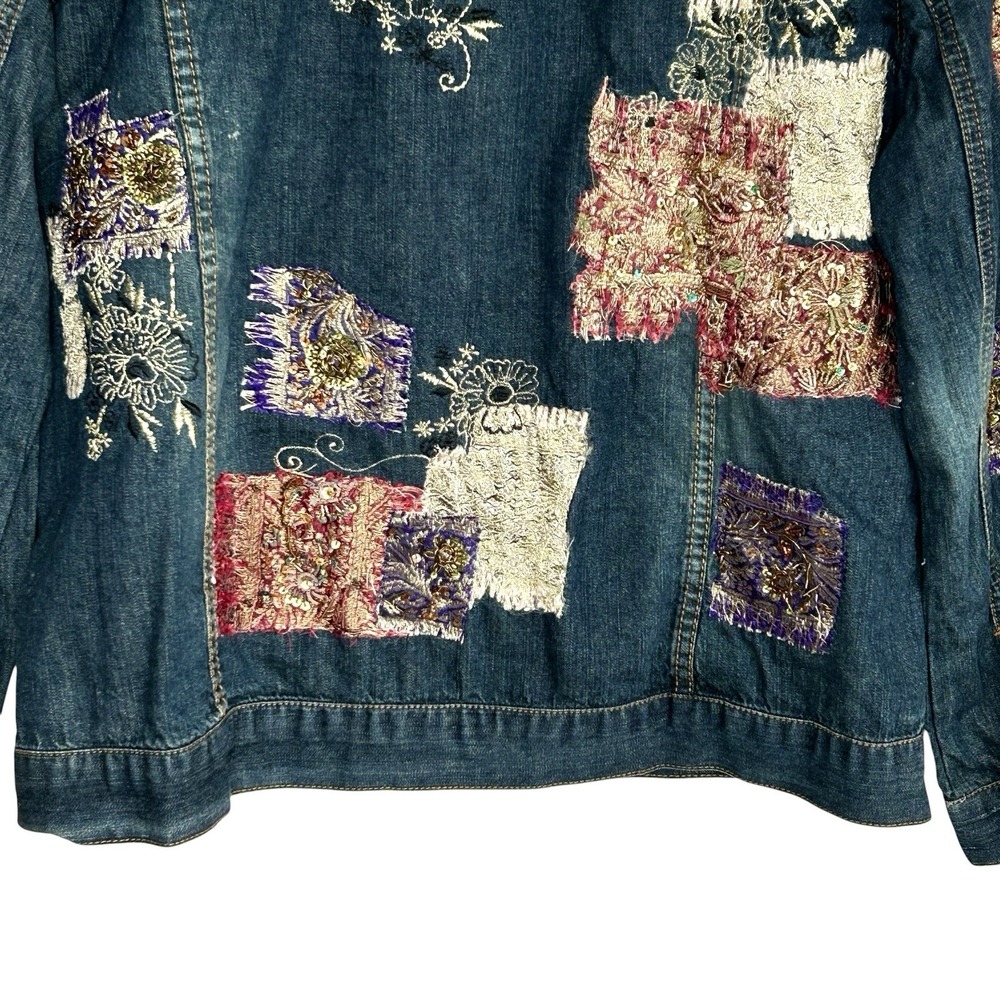 Chicos Patchwork Denim Jacket Sz 1 M Boho Indie Western Floral Embroidered Art - Picture 6 of 9